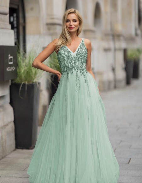 Long ball gown with tulle skirt and rhinestone bodice
