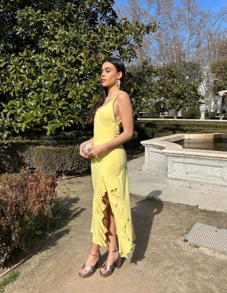 Midi party dress with open back and ruffle details