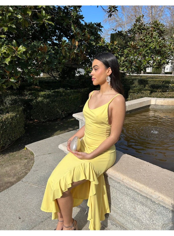 Midi party dress with open back and ruffle details