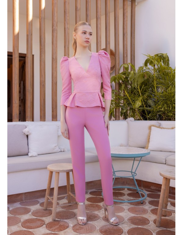 Brocade and crepe woven top and trousers set