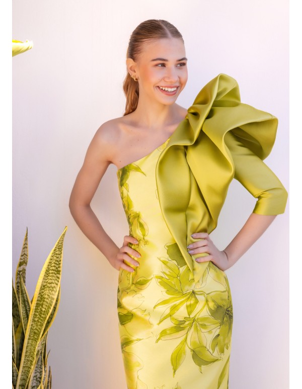 Robe midi imprimée avec volant sur l'épaule