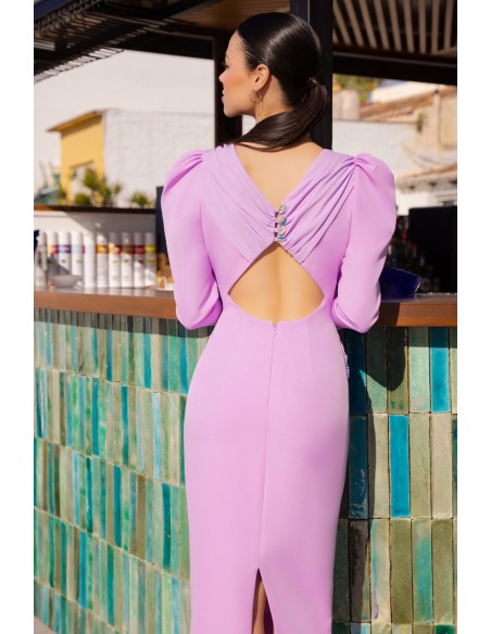 Midi dress for guest with front crossover and open back