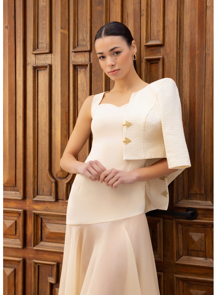 Midi dress with transparencies and tweed jacket