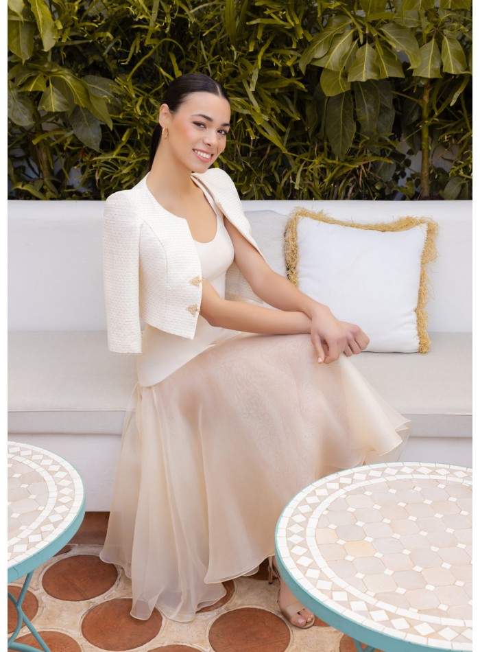 Midi dress with transparencies and tweed jacket