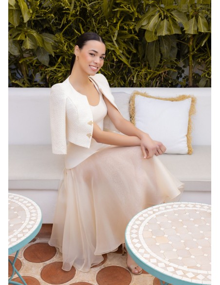 Robe midi avec transparences et veste en tweed