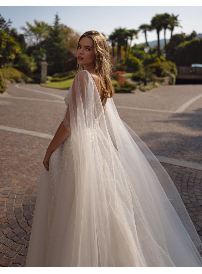 Ivory A-line wedding dress with V-neckline,...