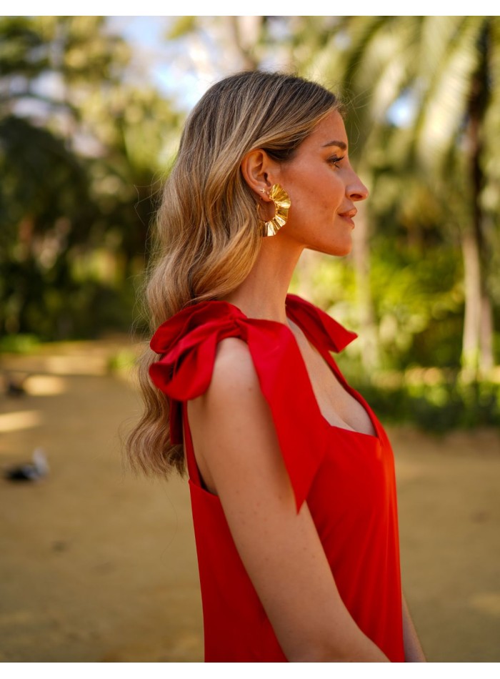 Red midi dress with lacing and ruffle on skirt
