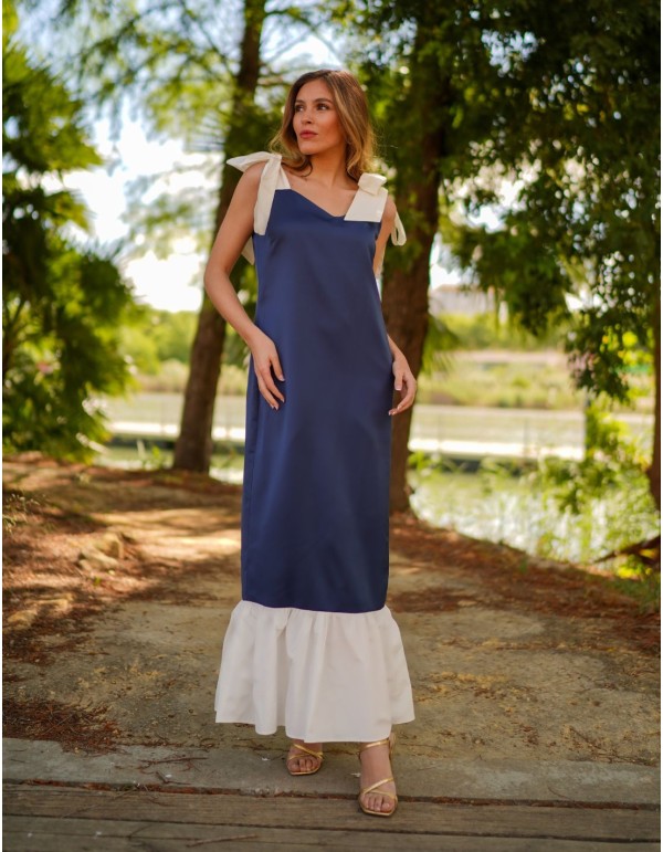 Robe midi bicolore bleu marine avec nœuds et volants