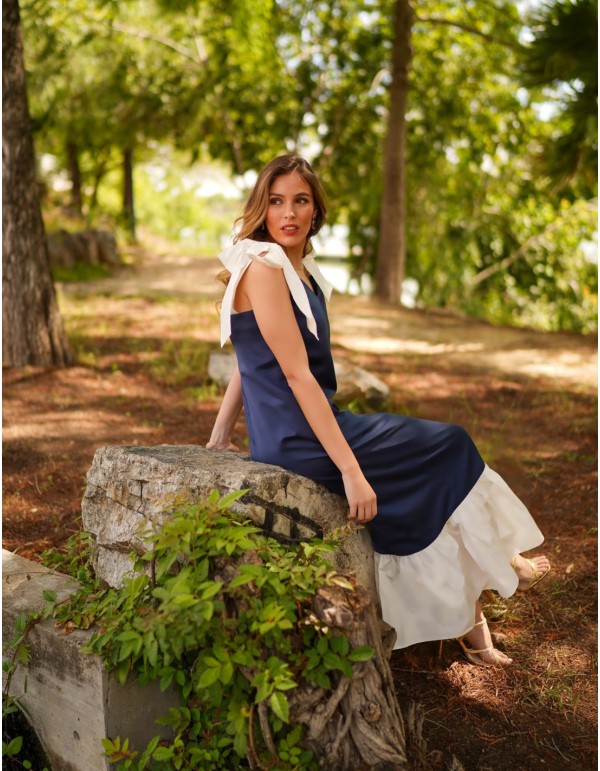Vestido midi azul marino bicolor con lazos y volante 2