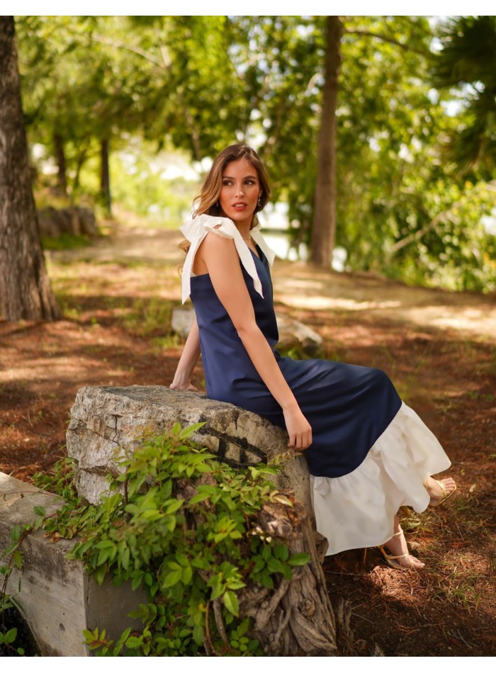 Robe midi bicolore bleu marine avec nœuds et...