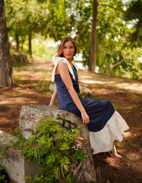 Two-tone navy blue midi dress with bows and ruffles