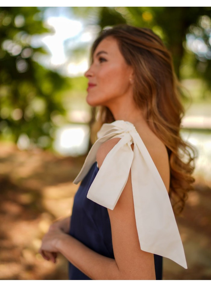 Robe midi bicolore bleu marine avec nœuds et...