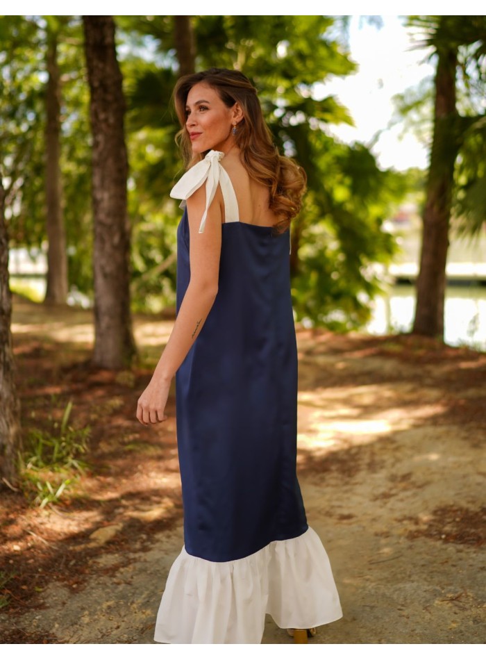 Robe midi bicolore bleu marine avec nœuds et...