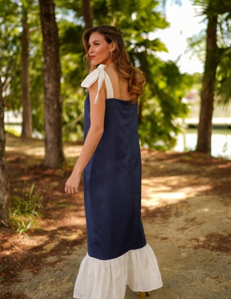 Two-tone navy blue midi dress with bows and ruffles