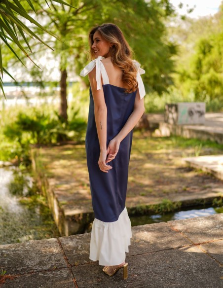 Robe midi bicolore bleu marine avec nœuds et volants