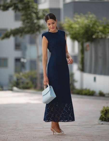 Navy blue midi dress with shoulder pads