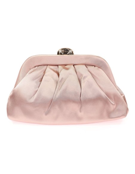 Bolso de fiesta en rosa claro con diseño elegante, asa corta y opción de llevarlo al hombro con cadena dorada.