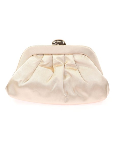 Cartera de mano dorado claro con diseño sofisticado, cierre metálico y un práctico bolsillo interior