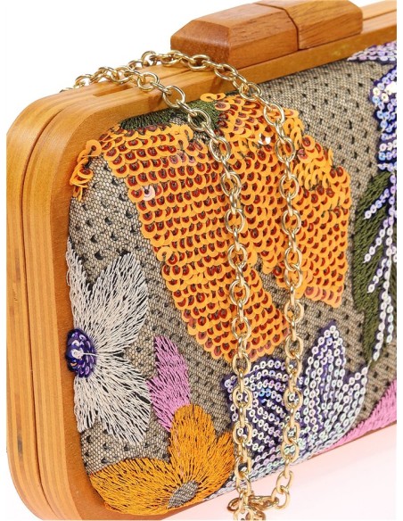 Bolso de mano con pedrería floral cosida a mano naranja