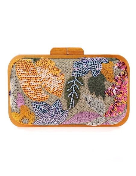 Bolso de mano con pedrería floral cosida a mano con madera
