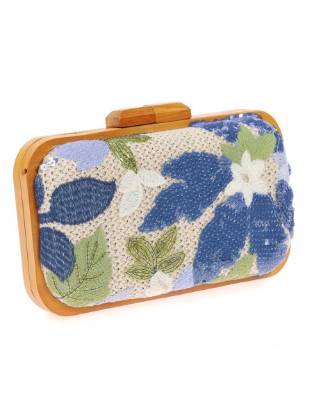 Bolso de mano con pedrería floral cosida a mano con madera y cierre iman
