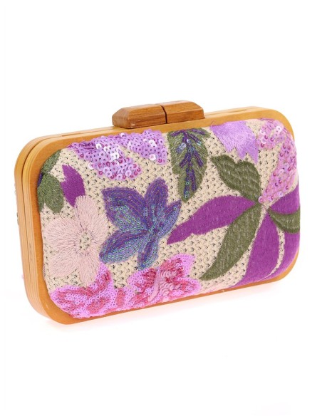 Bolso de mano con pedrería floral cosida a mano con base de madera