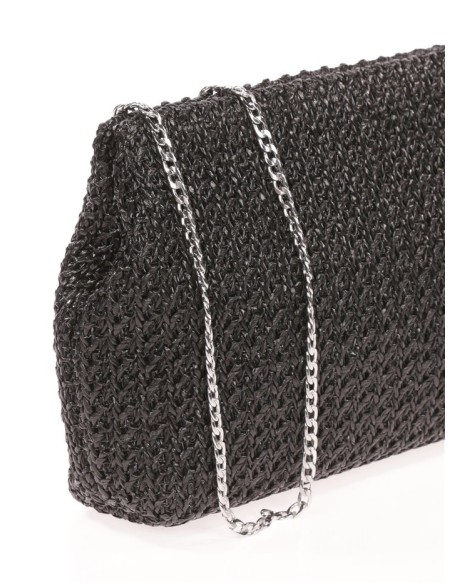 Bolso de rafia con cierre imán y cadena larga plateada