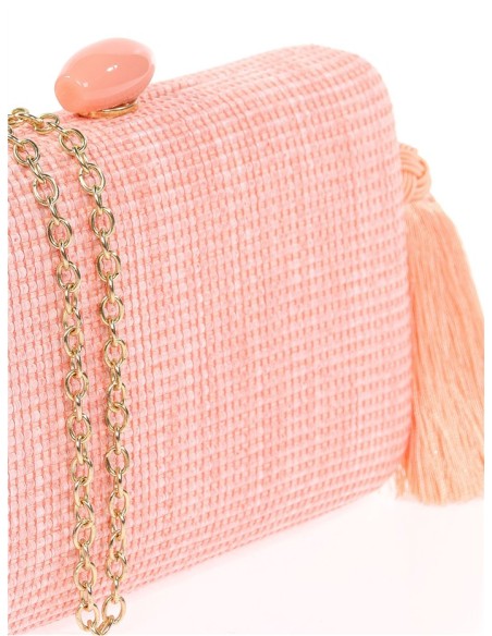 Bolso de fiesta de rafia con borla artesanal coral