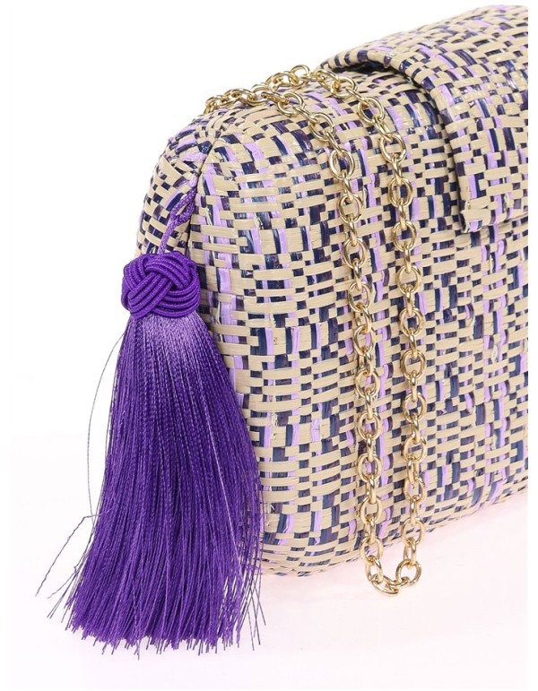 Sac de fête ovale en raphia tressé avec pompon 2