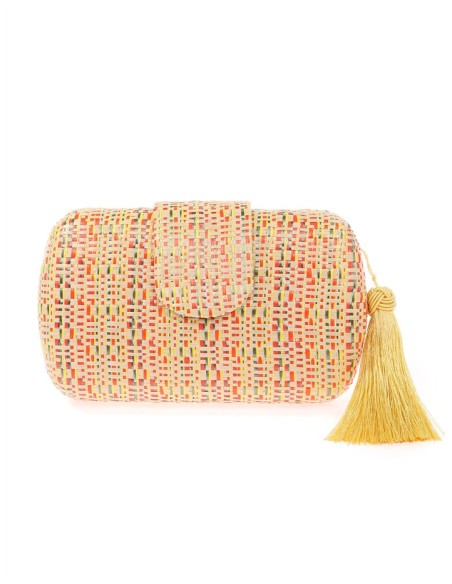 Bolso de fiesta ovalado de rafia trenzada con borla