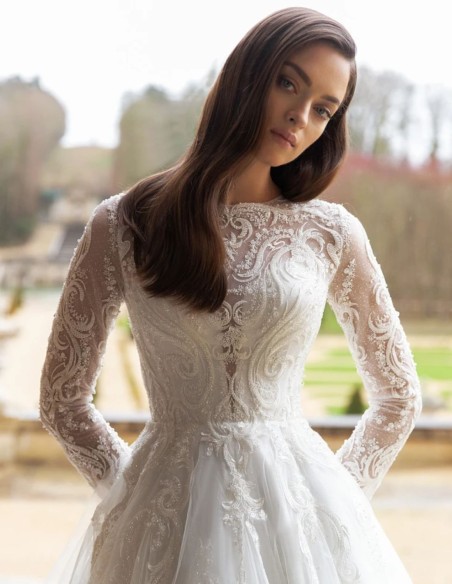 Princess cut wedding dress with long embroidered sleeves