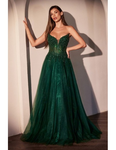 Vestido de fiesta largo con cuerpo de pedrería palabra de honor y falda de tul