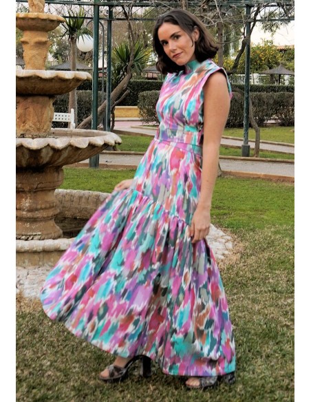 Falda larga de vuelo con estampado multicolor