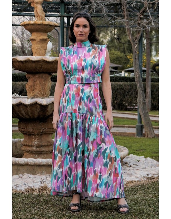 Falda larga de vuelo con estampado multicolor 2