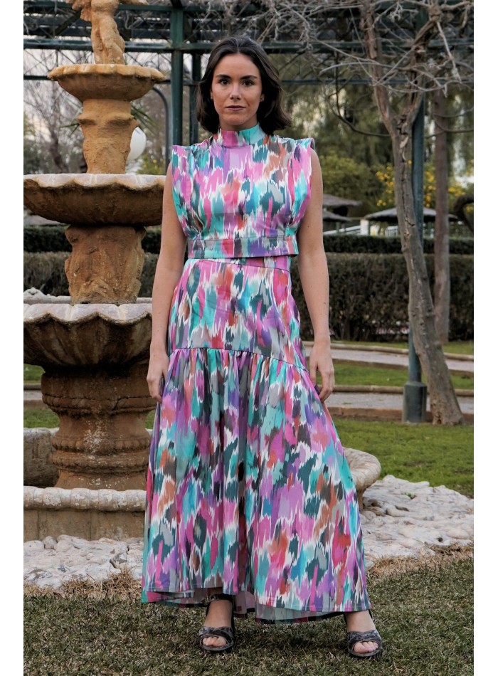 Falda larga de vuelo con estampado multicolor