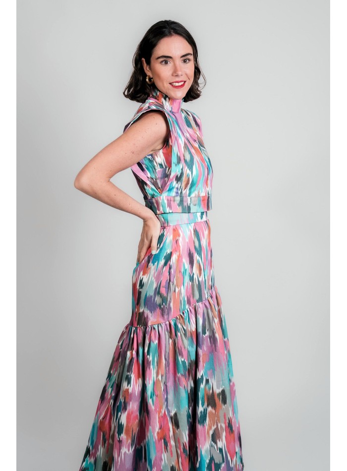 Falda larga de vuelo con estampado multicolor