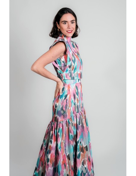 Falda larga de vuelo con estampado multicolor