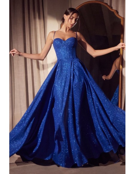 Vestido de fiesta con tejido brillante y cuerpo tipo corsé con falda de vuelo azul