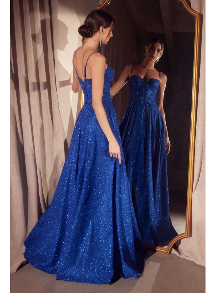 Long gown with shiny fabric and corset style...