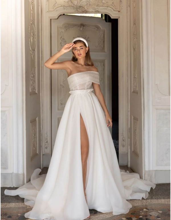 Asymmetrical neckline wedding dress with side slit skirt