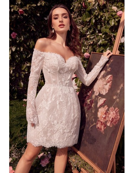 Short wedding dress with lace and long sleeves and bare shoulder