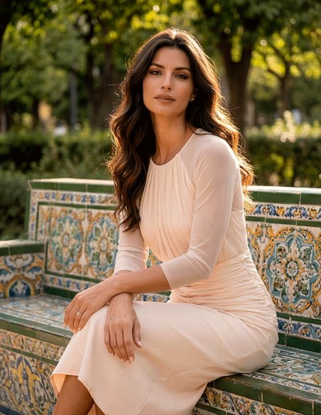 Off-white midi dress with closed neckline and transparent sleeves