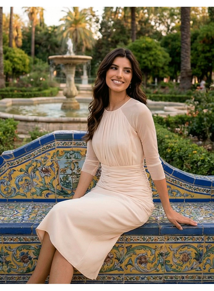 Midi dress with closed neckline and sheer...