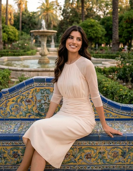 Midi dress with closed neckline and sheer sleeves - Perfect guest