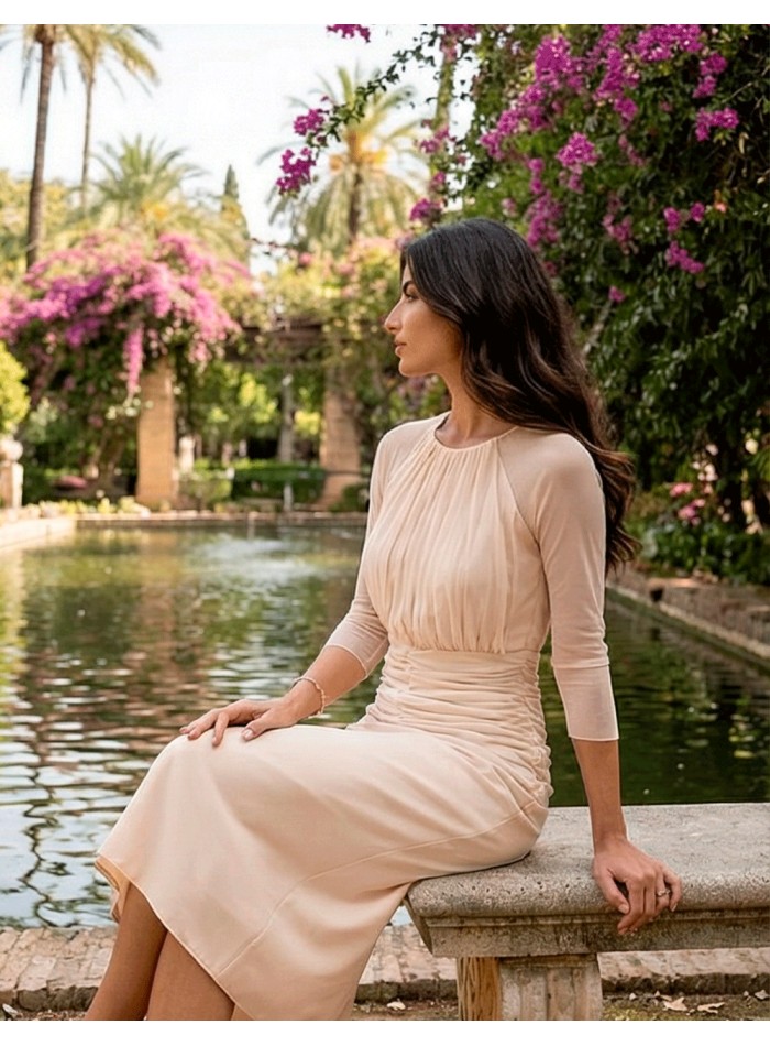 Midi dress with closed neckline and sheer...