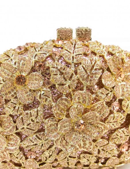 Bolso de fiesta de metal con decoración en forma de flores y cristales de Swarovski invitada boda