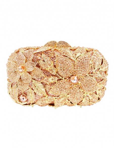 Bolso de fiesta rectangular de metal con decoración en forma de flores y cristales de Swarovski invitada boda