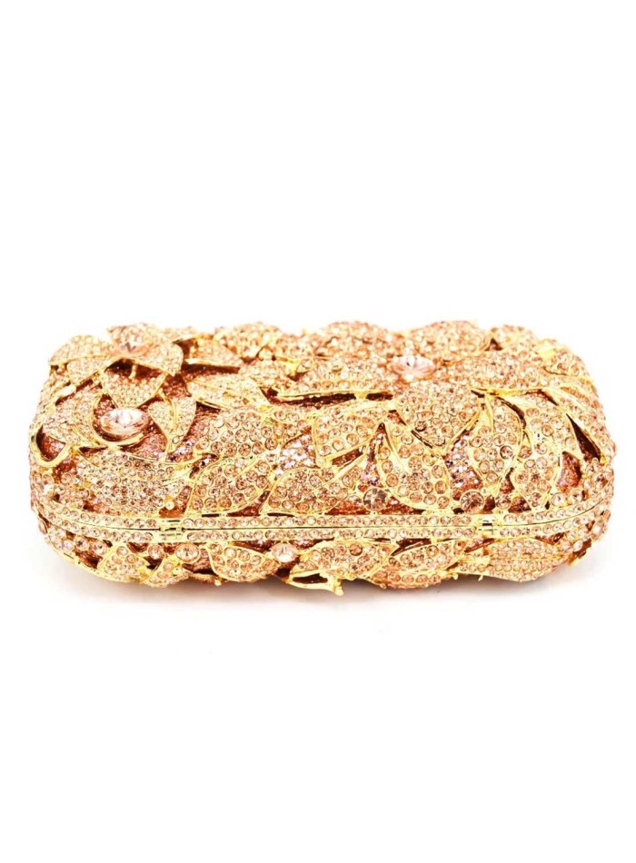 Bolso de fiesta rectangular de metal con decoración en forma de flores y cristales de Swarovski.