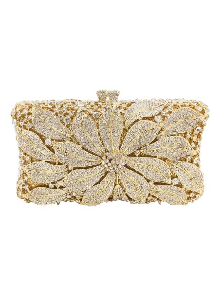 Bolso de mano joya con flor central de metal y cristal - rectangular