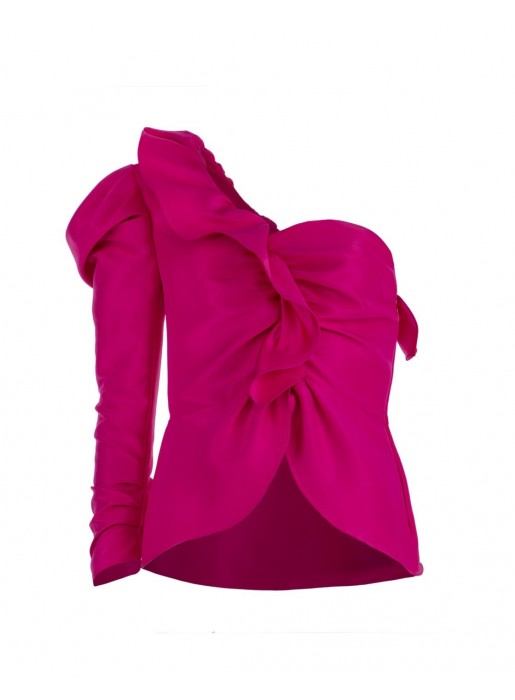 Top asimétrico con volante fucsia